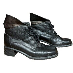 Black Leather Lace-Up Ankle Boots Fold-Over Collar & Chunky Heel Size 6.5